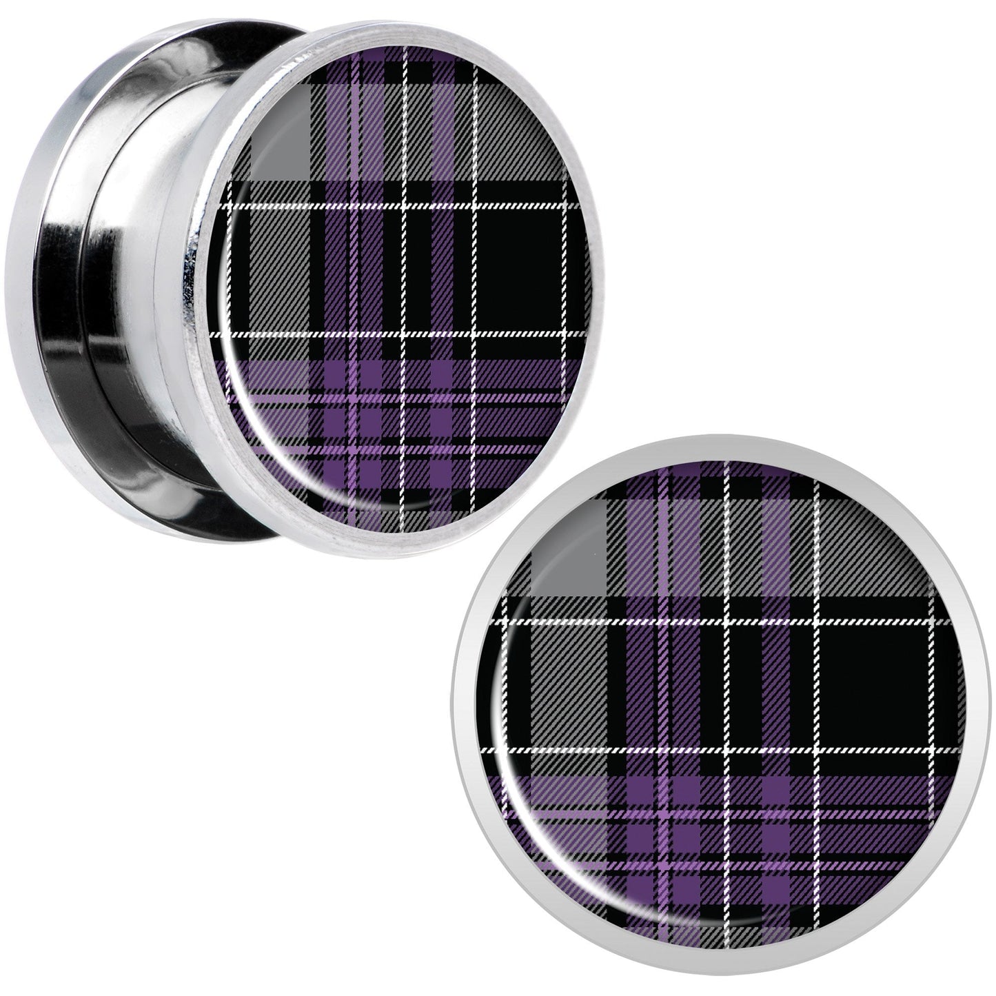 Winter Purple Black Plaid Screw Fit Plug Set Sizes 5mm to 20mm