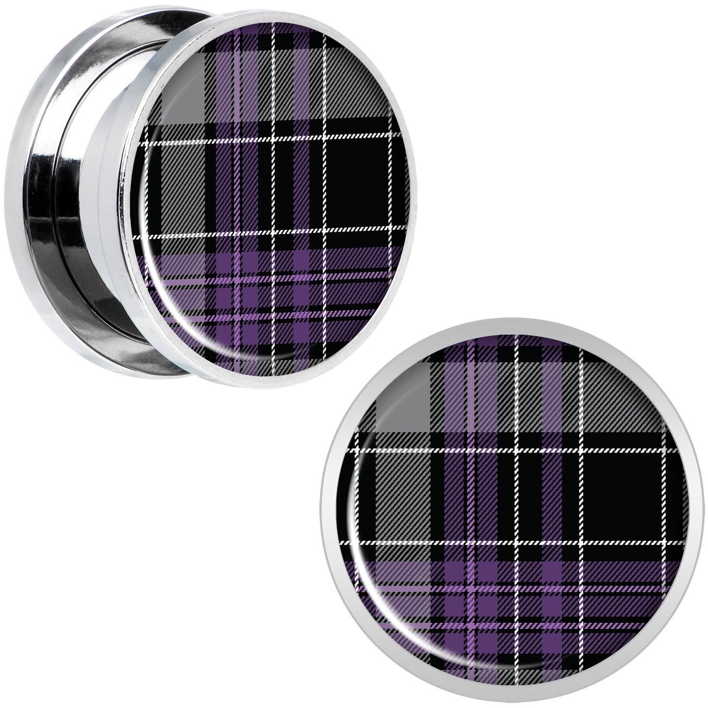Winter Purple Black Plaid Screw Fit Plug Set Sizes 5mm to 20mm