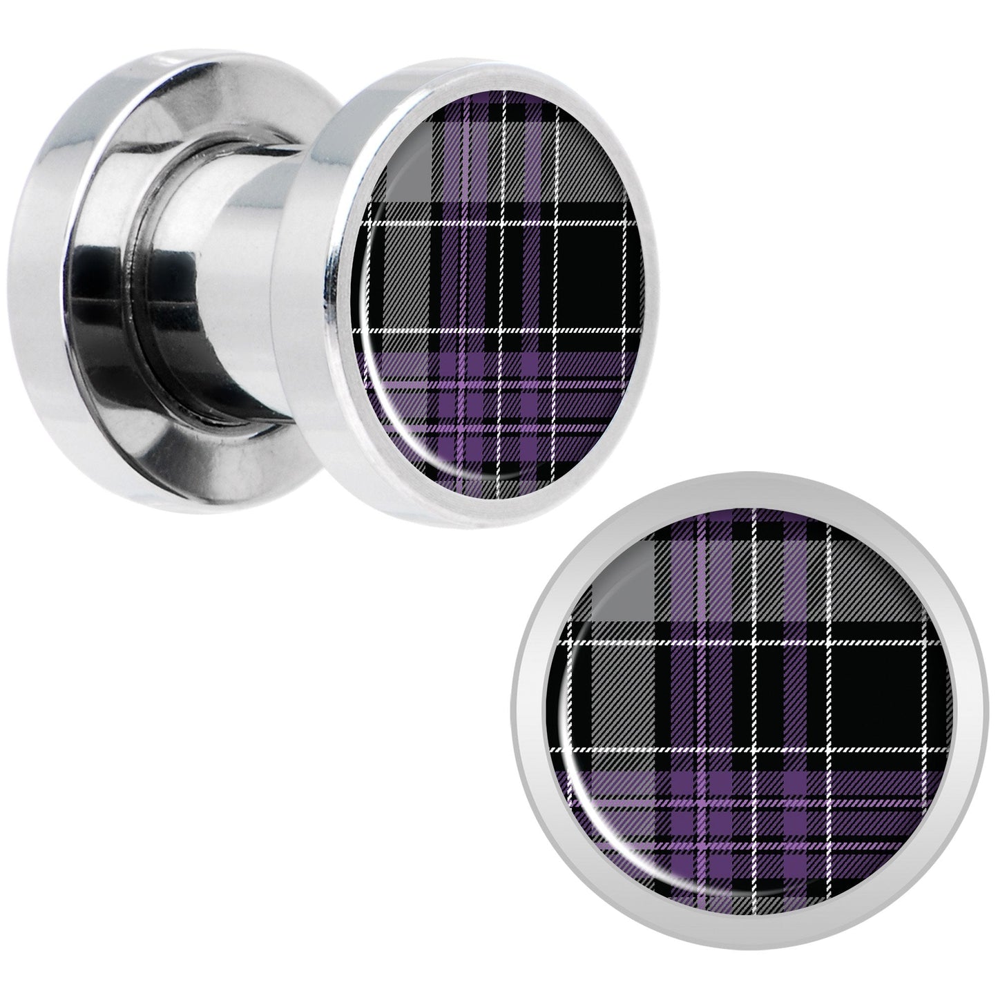 Winter Purple Black Plaid Screw Fit Plug Set Sizes 5mm to 20mm