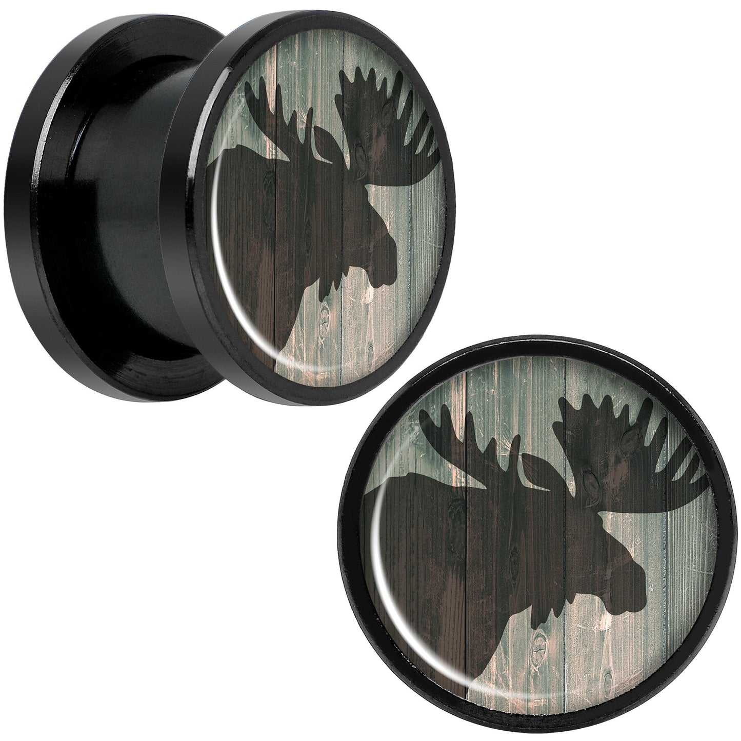 Holiday Rustic Wood Moose Black Screw Fit Plug Set Sizes 5mm to 20mm