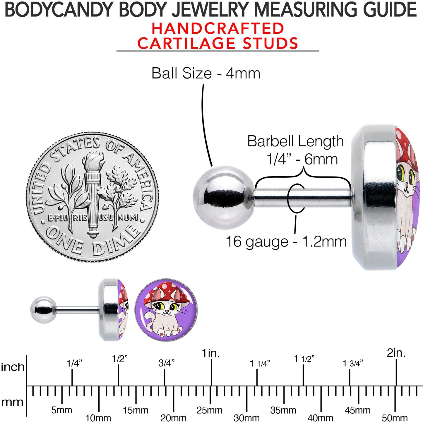 16G 1/4 Polka Dot Mushroom Hat Cat Cartilage Tragus Earring by Onyx O