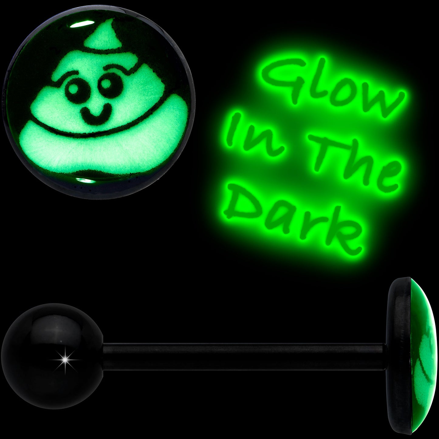 Glow in the Dark Black Anodized Poop Barbell Tongue Ring by Onyx O