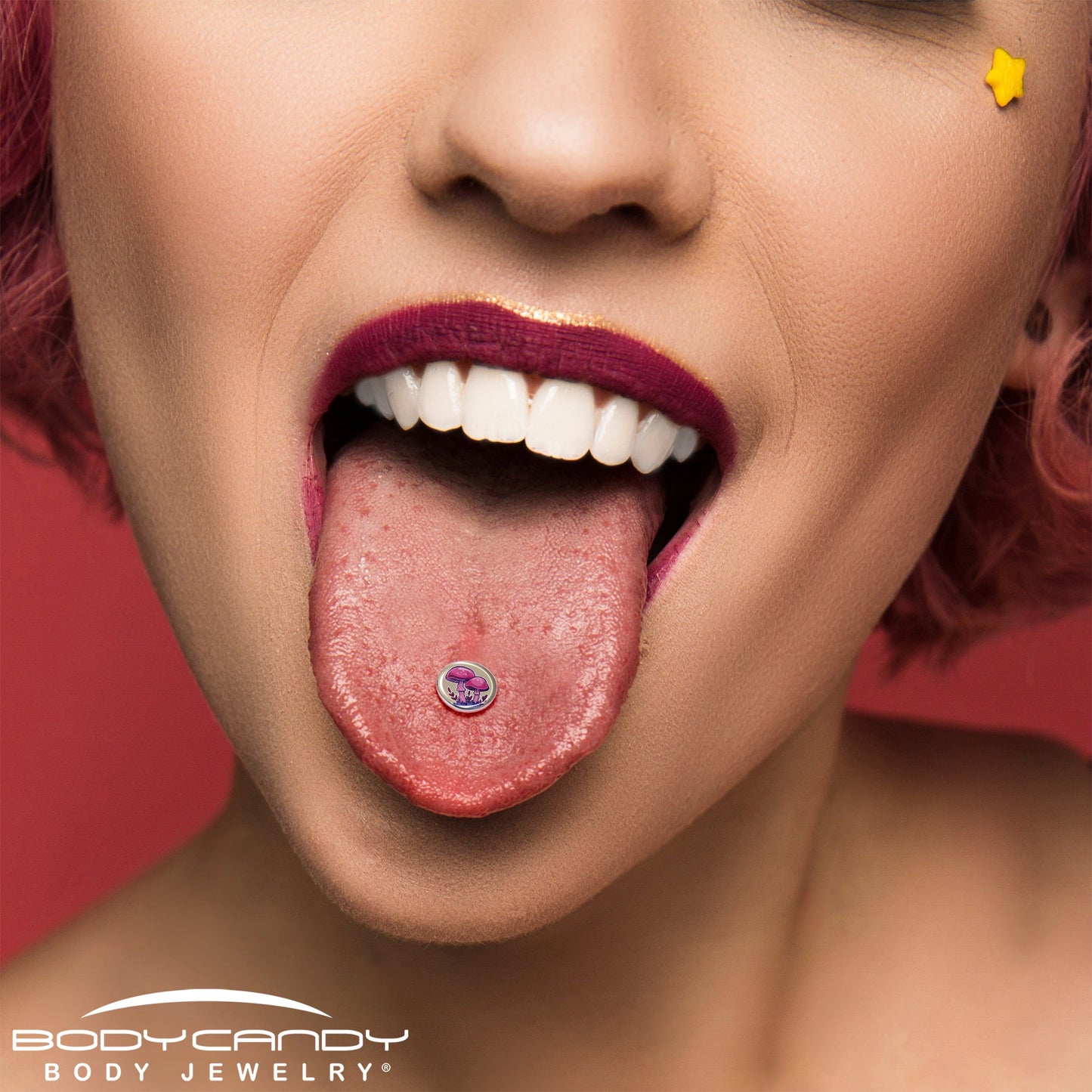 Artist Drawn Pink Mushrooms Barbell Tongue Ring by Onyx O