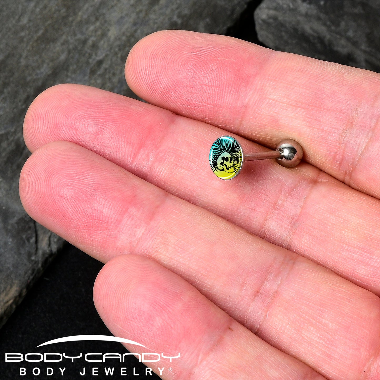 Blue Haze Sunset Skull and Palms Barbell Tongue Ring by Onyx O