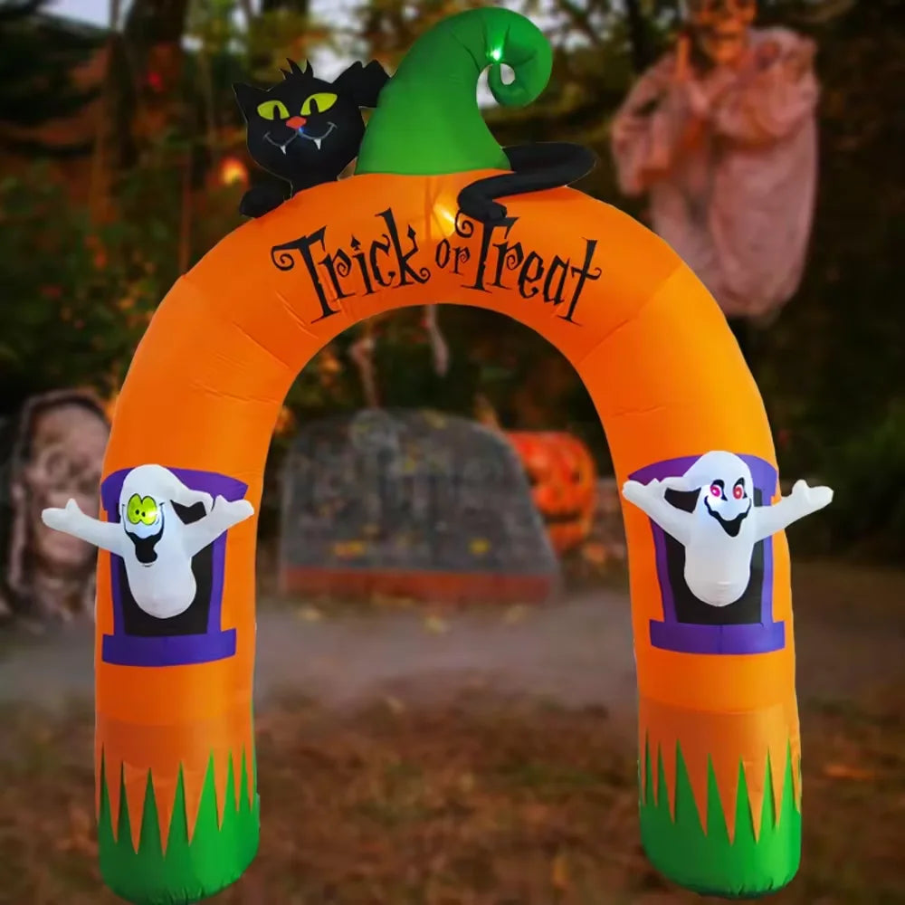 10FT Giant Inflatable Arch with Black Cat and Ghosts Outdoor Patio Lawn Halloween Inflatable Decorations