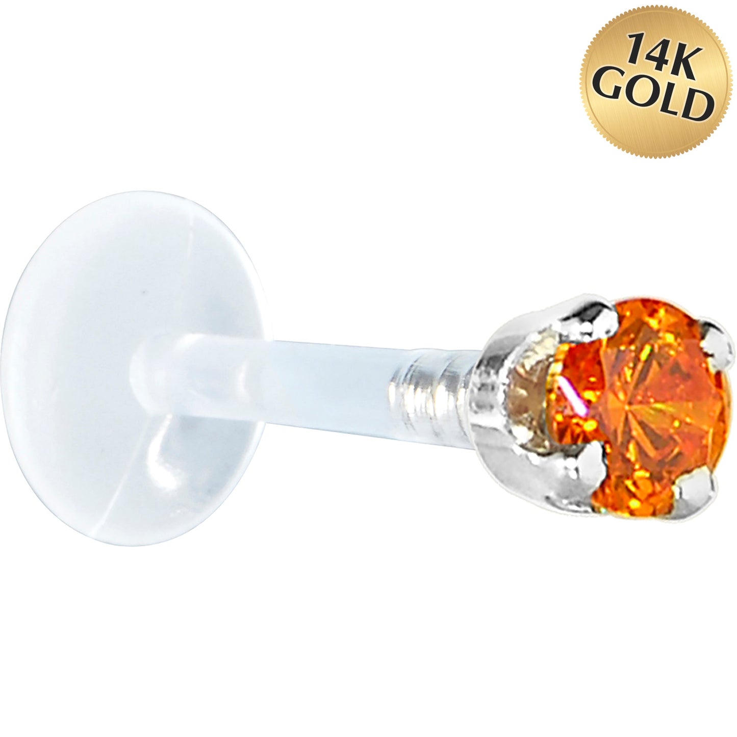 16G 5/16 Solid 14K White Gold 3mm Orange Cubic Zirconia Bioplast Tragus Earring Stud