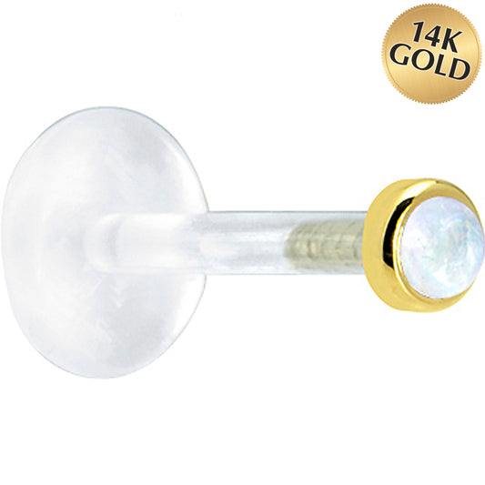 16G 1/4 Solid 14K Yellow Gold 2mm Genuine Rainbow Moonstone Bioplast Tragus Earring Stud