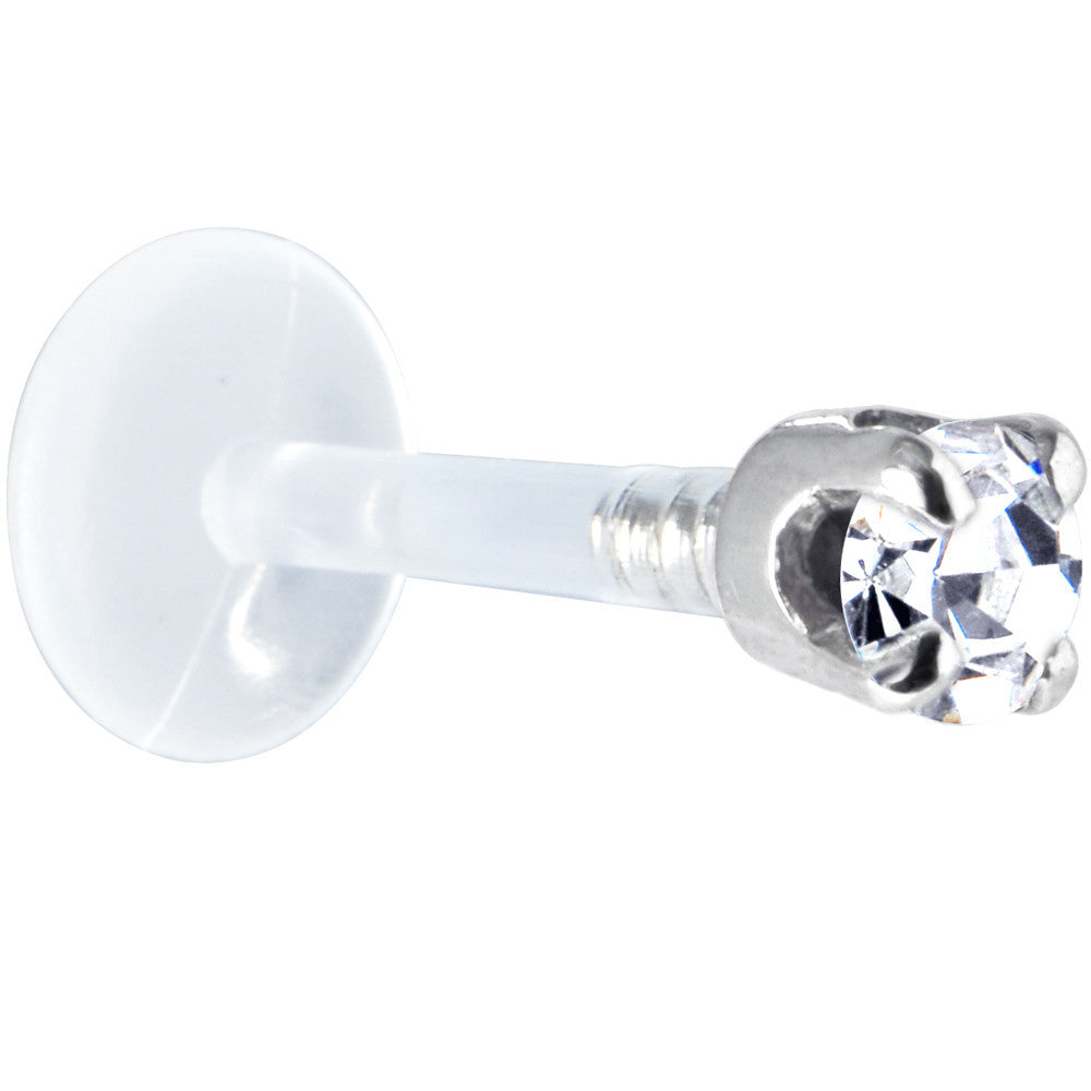 16G 1/4 Solid 14K White Gold 3mm Clear Cubic Zirconia Bioplast Tragus Earring Stud