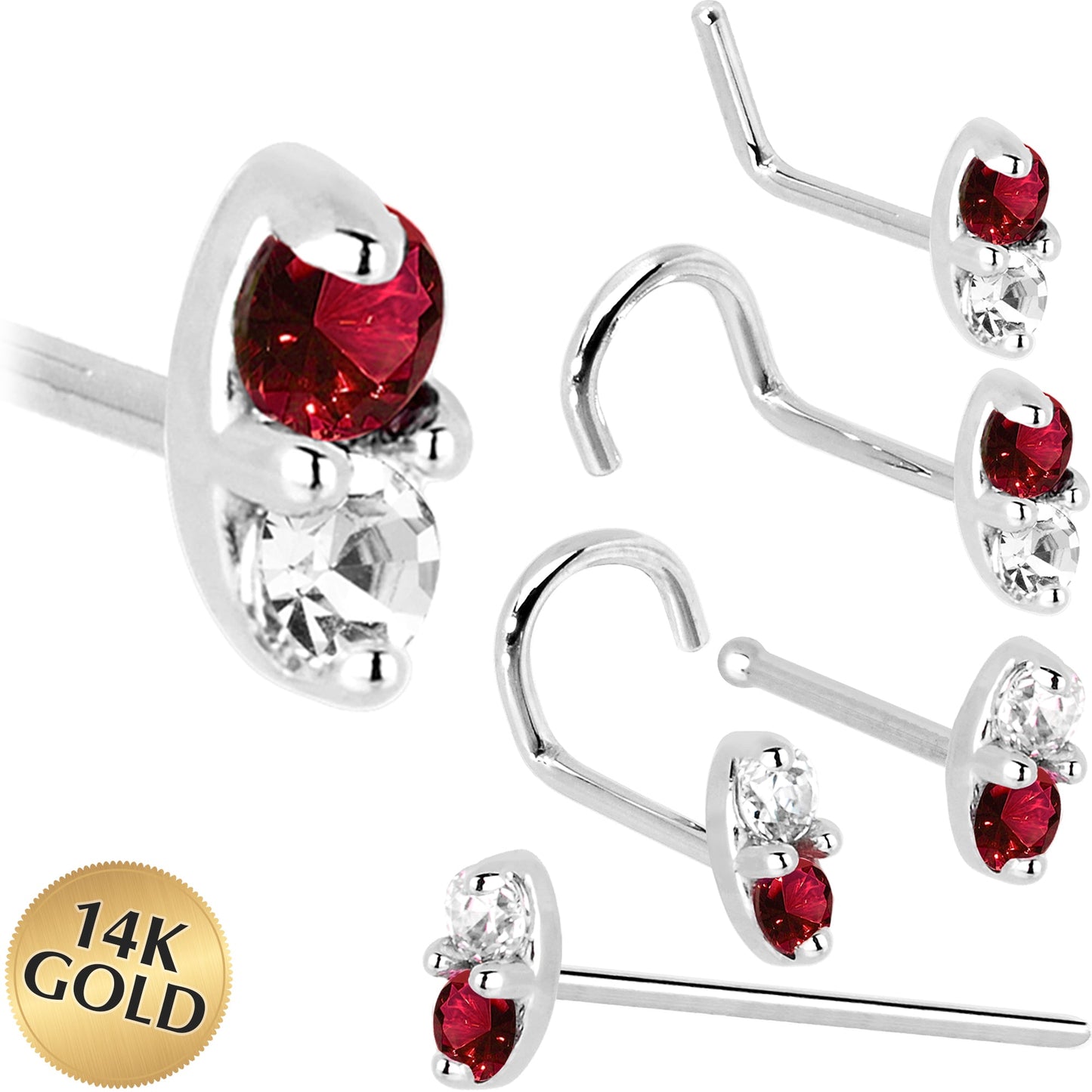 14k White Gold Red 1.5mm CZ Marquise Nose Ring