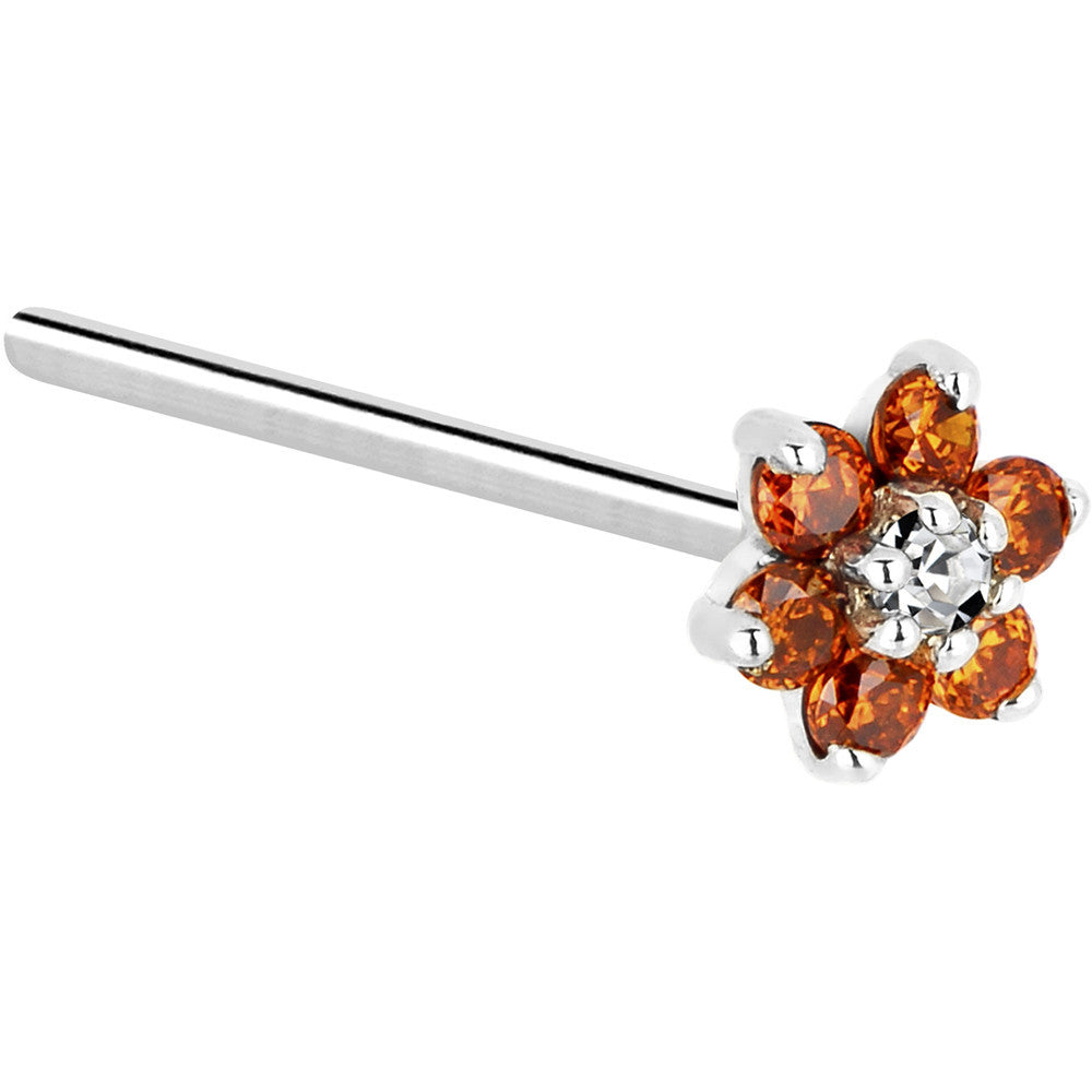 Solid 14K White Gold Orange and Clear Cubic Zirconia Flower Nose Ring