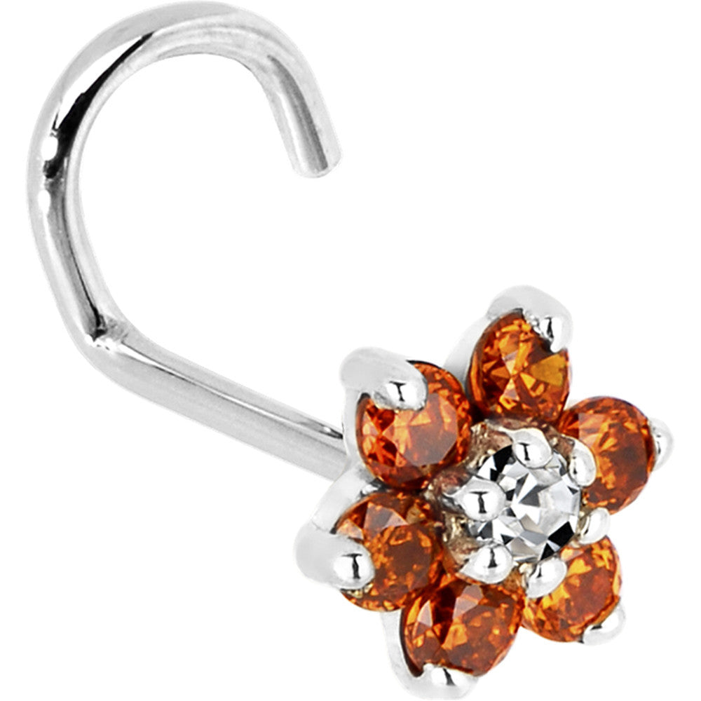 Solid 14K White Gold Orange and Clear Cubic Zirconia Flower Nose Ring