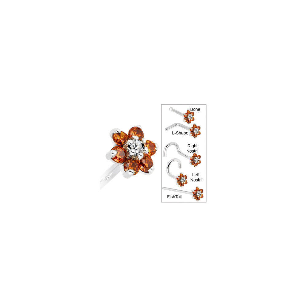 Solid 14K White Gold Orange and Clear Cubic Zirconia Flower Nose Ring