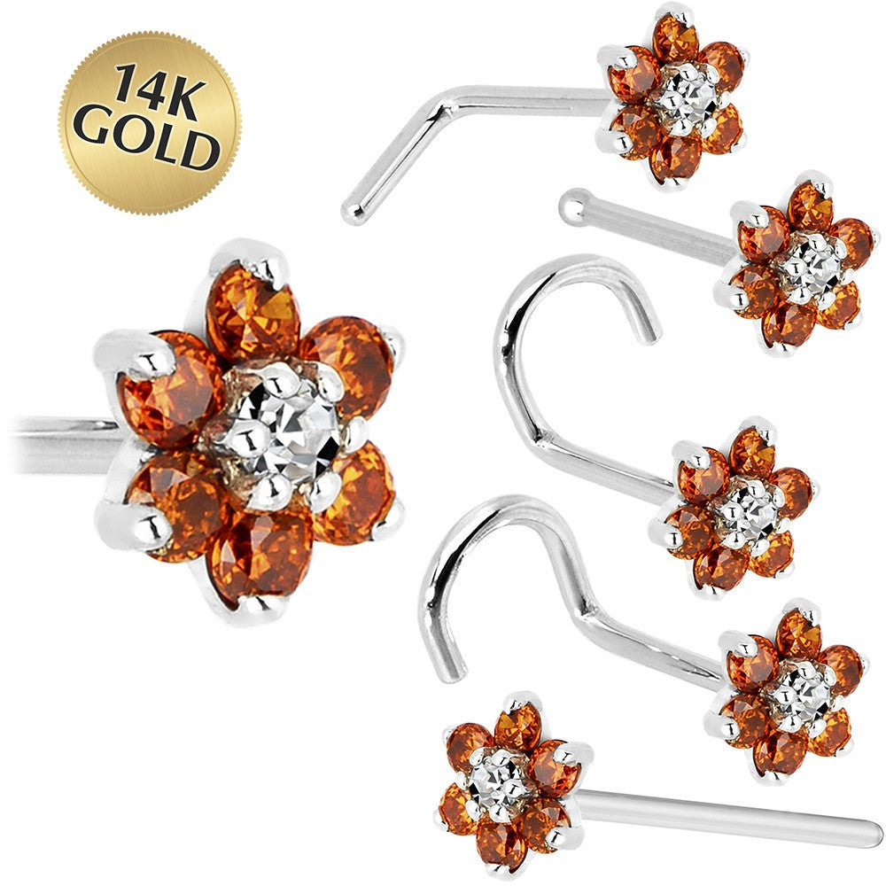 Solid 14K White Gold Orange and Clear Cubic Zirconia Flower Nose Ring