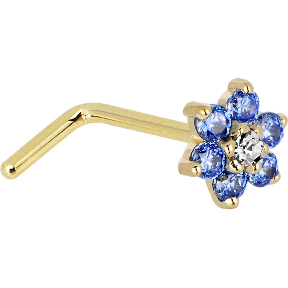 Solid 14K Yellow Gold Arctic Blue and Clear Cubic Zirconia Flower Nose Ring