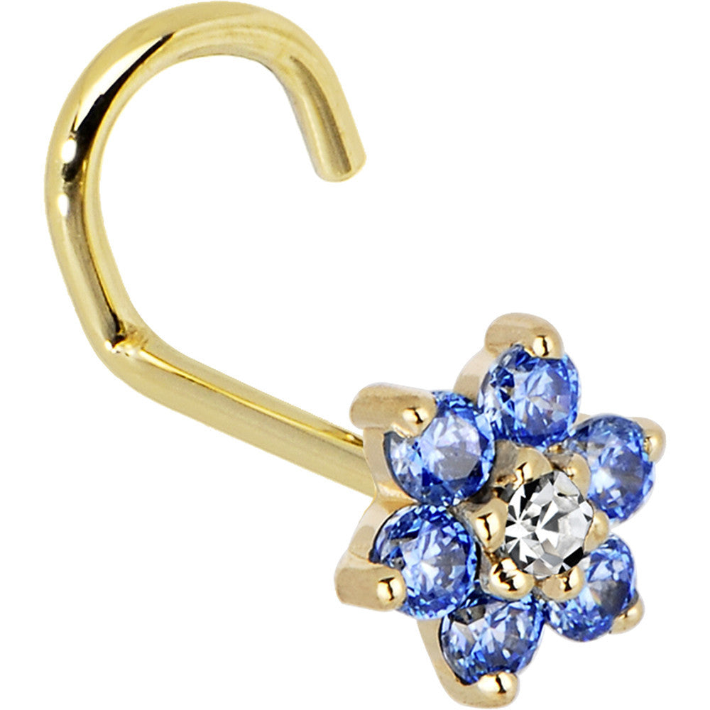 Solid 14K Yellow Gold Arctic Blue and Clear Cubic Zirconia Flower Nose Ring