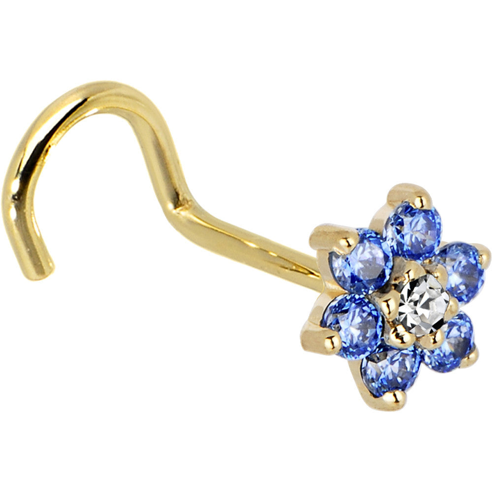 Solid 14K Yellow Gold Arctic Blue and Clear Cubic Zirconia Flower Nose Ring