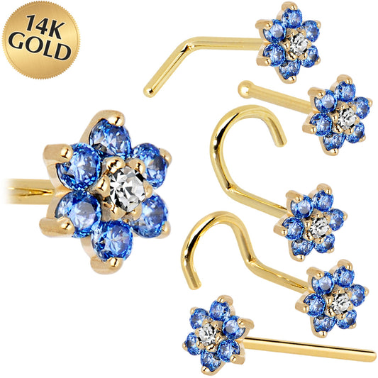 Solid 14K Yellow Gold Arctic Blue and Clear Cubic Zirconia Flower Nose Ring