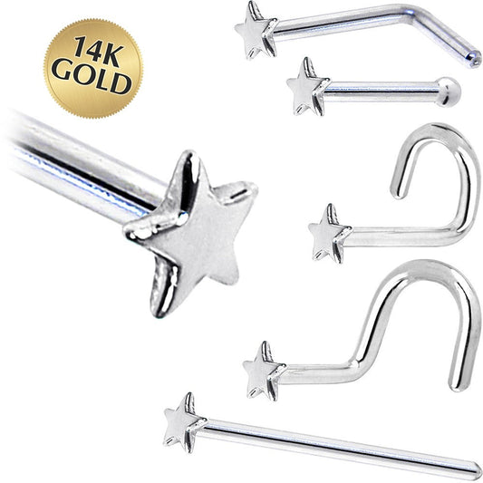 Solid 14K White Gold Star Nose Ring