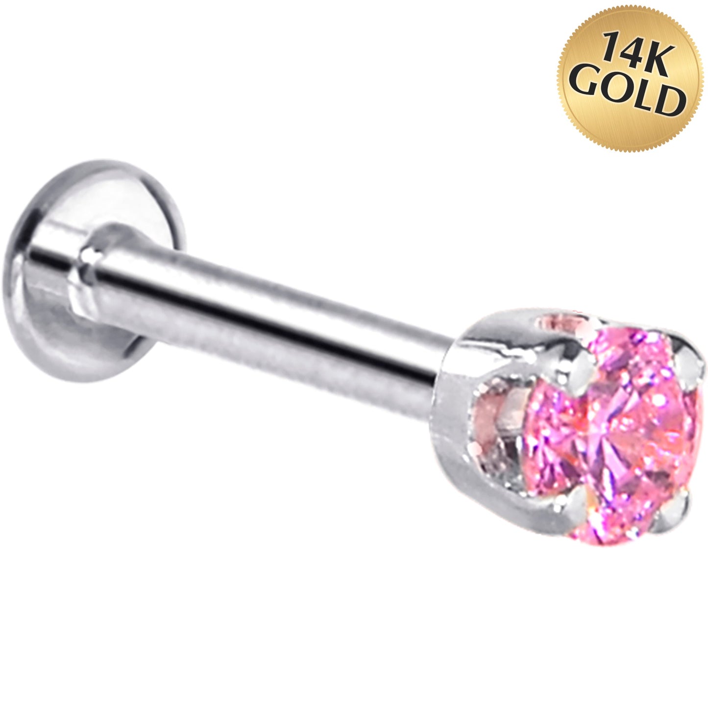 16G Solid 14K White Gold 3mm Pink Cubic Zirconia Tragus Earring Stud
