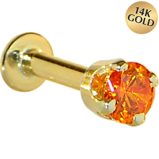 16G Solid 14K Yellow Gold 3mm Orange Cubic Zirconia Tragus Earring Stud