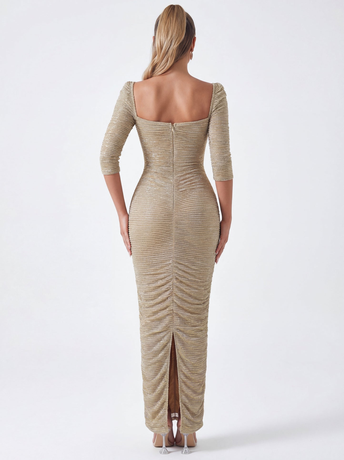 Sorrel Gold Ruched Chiffon Long Maxi Dress