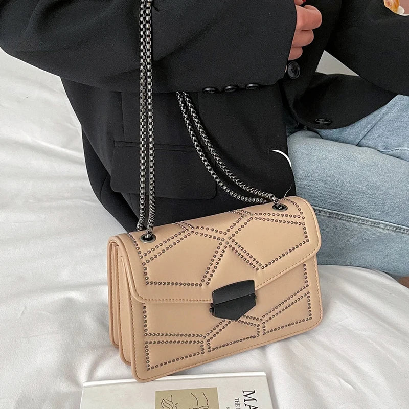 Rivet Chain Small Crossbody Bag for Women | 2022 Luxury Shoulder Messenger Bag (Trendy Lady Handbag with Flap Cover)