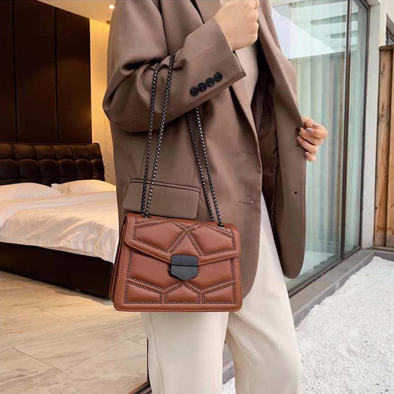 Rivet Chain Small Crossbody Bag for Women | 2022 Luxury Shoulder Messenger Bag (Trendy Lady Handbag with Flap Cover)