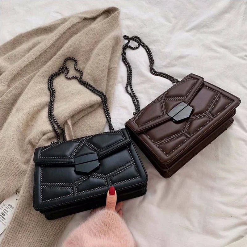 Rivet Chain Small Crossbody Bag for Women | 2022 Luxury Shoulder Messenger Bag (Trendy Lady Handbag with Flap Cover)