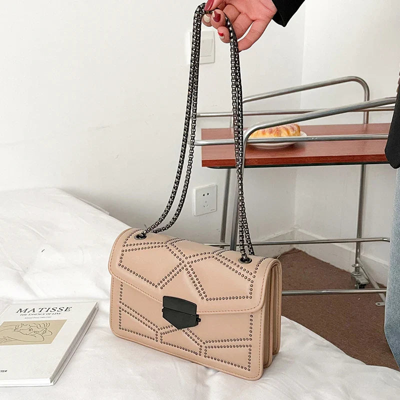 Rivet Chain Small Crossbody Bag for Women | 2022 Luxury Shoulder Messenger Bag (Trendy Lady Handbag with Flap Cover)