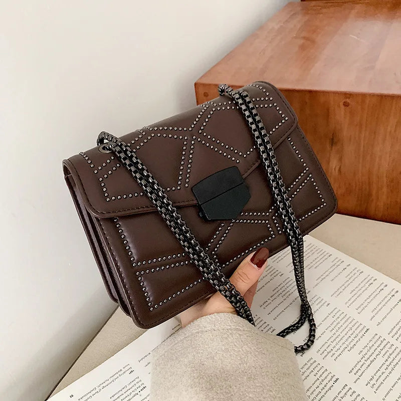 Rivet Chain Small Crossbody Bag for Women | 2022 Luxury Shoulder Messenger Bag (Trendy Lady Handbag with Flap Cover)
