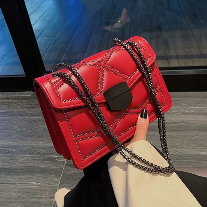 Rivet Chain Small Crossbody Bag for Women | 2022 Luxury Shoulder Messenger Bag (Trendy Lady Handbag with Flap Cover)