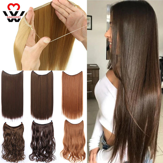 MANWEI24 inches Natural hair Invisible Wire in Synthetic Hair Extensions No Clip with Secrect Line Easy Attach halo hair