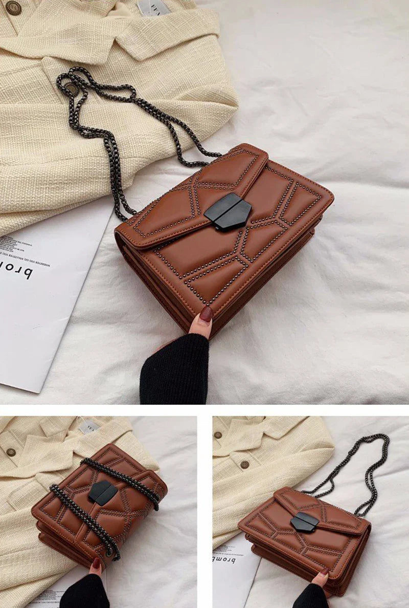Rivet Chain Small Crossbody Bag for Women | 2022 Luxury Shoulder Messenger Bag (Trendy Lady Handbag with Flap Cover)