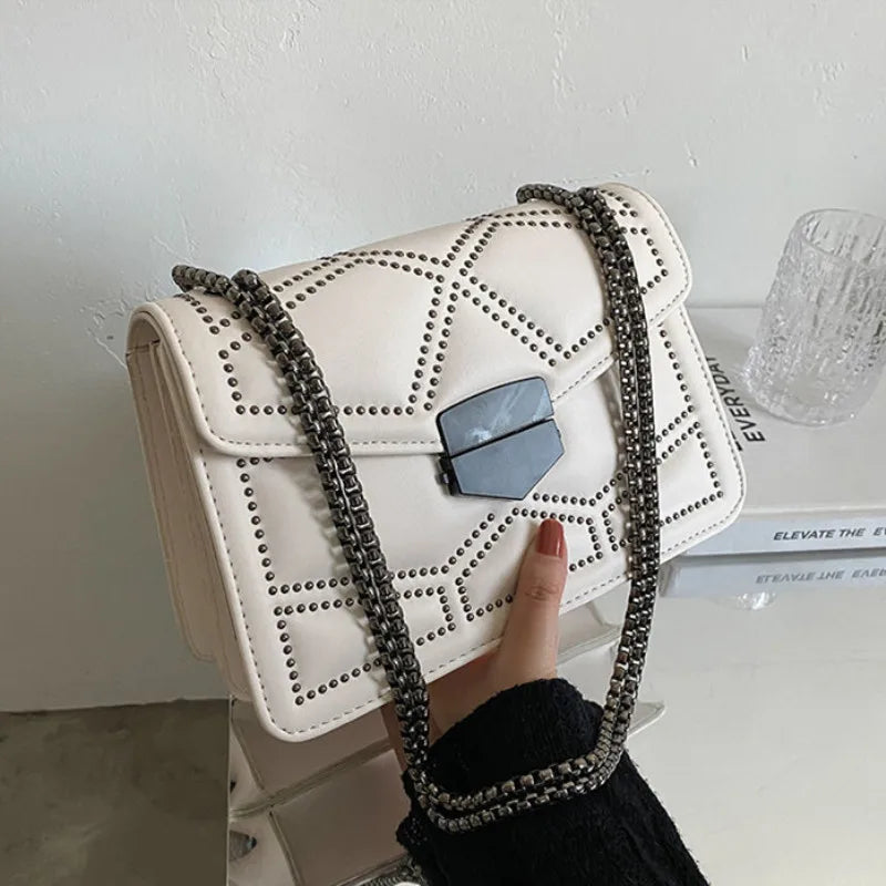 Rivet Chain Small Crossbody Bag for Women | 2022 Luxury Shoulder Messenger Bag (Trendy Lady Handbag with Flap Cover)