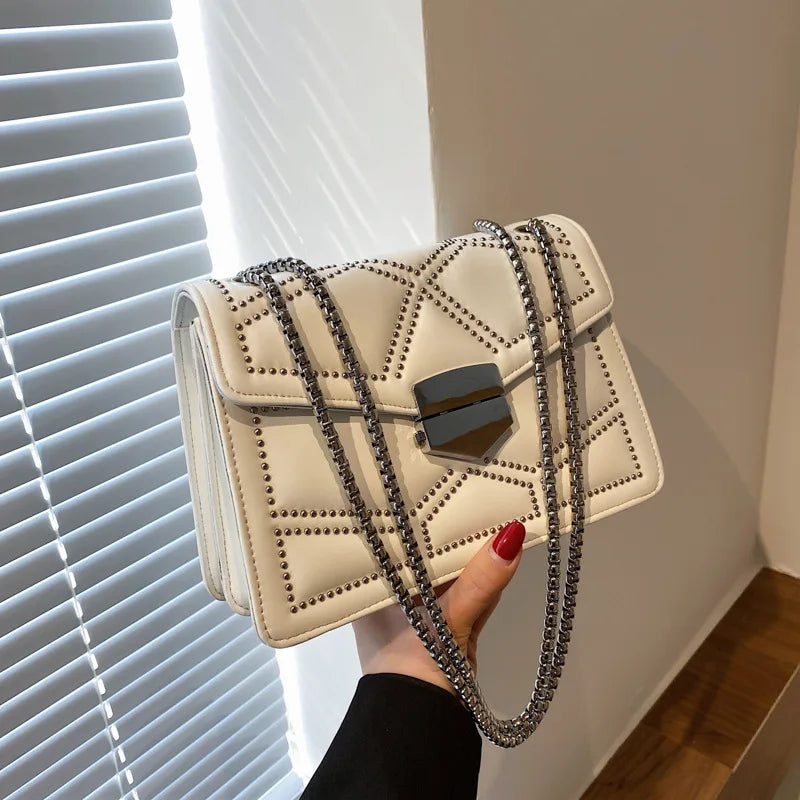 Rivet Chain Small Crossbody Bag for Women | 2022 Luxury Shoulder Messenger Bag (Trendy Lady Handbag with Flap Cover)