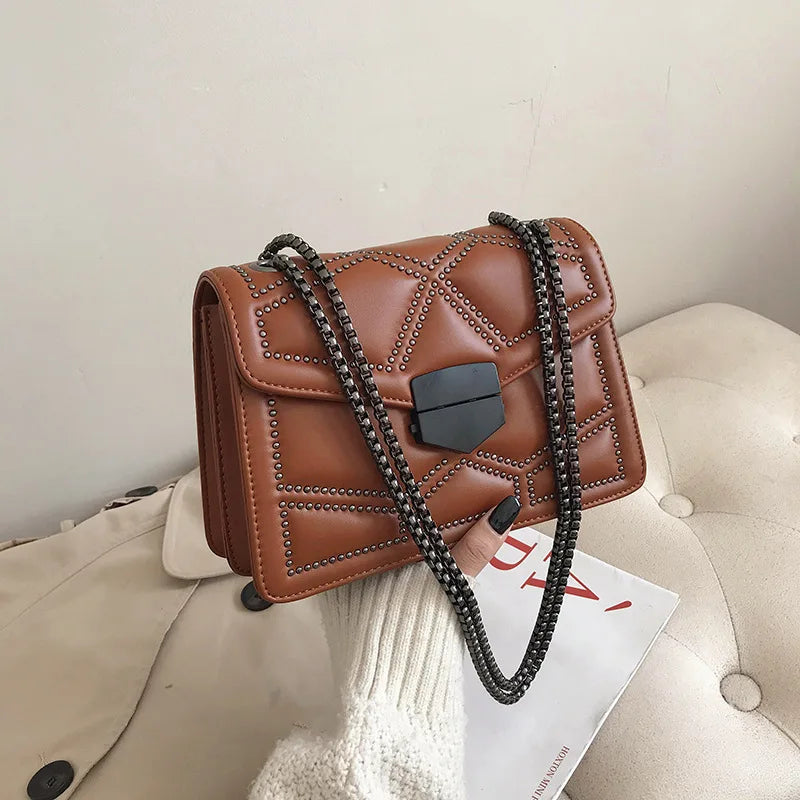 Rivet Chain Small Crossbody Bag for Women | 2022 Luxury Shoulder Messenger Bag (Trendy Lady Handbag with Flap Cover)
