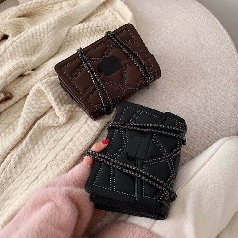 Rivet Chain Small Crossbody Bag for Women | 2022 Luxury Shoulder Messenger Bag (Trendy Lady Handbag with Flap Cover)