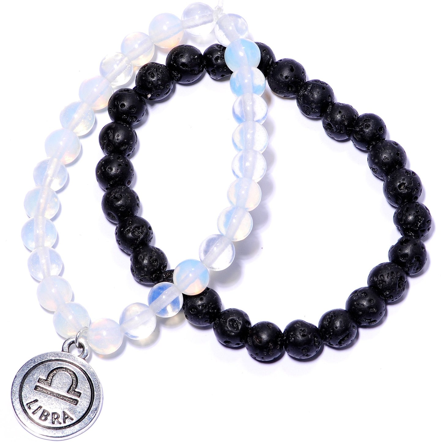 Handmade Lava Stone Opalite Libra Zodiac Bracelet Set of 2