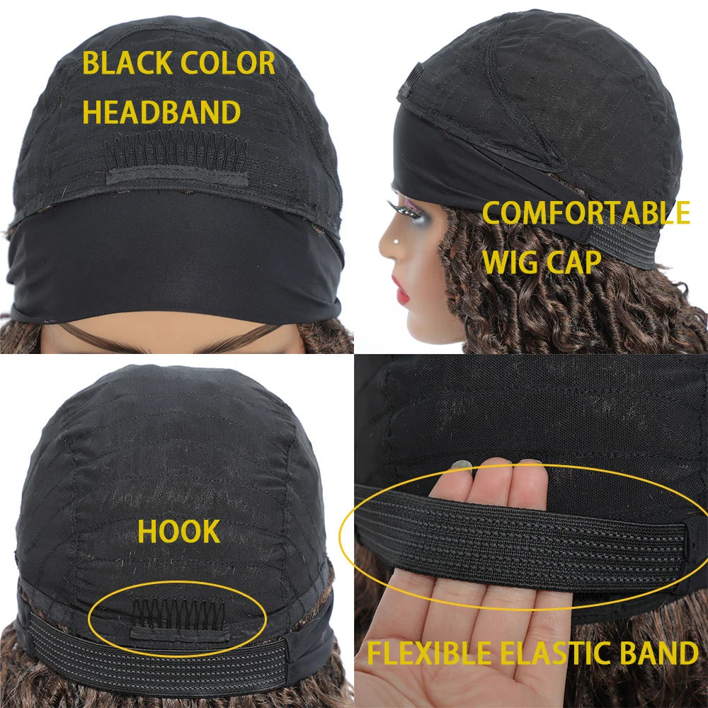 Product Title: 26" Ombre Brown Headband Braided Wig | Faux Locs with Curly Ends | Synthetic Dreadlock Wig