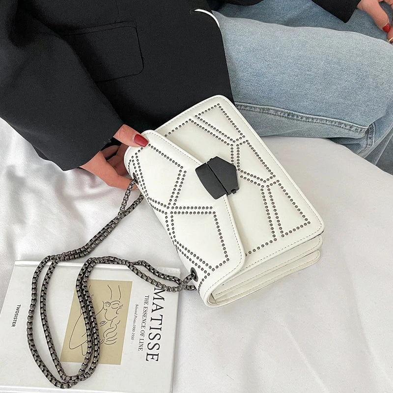 Rivet Chain Small Crossbody Bag for Women | 2022 Luxury Shoulder Messenger Bag (Trendy Lady Handbag with Flap Cover)