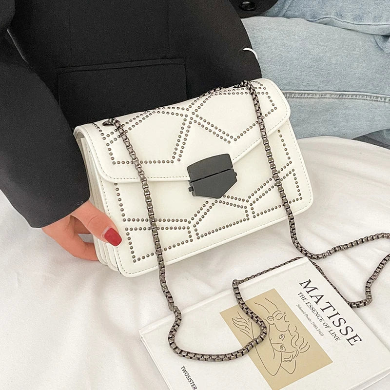 Rivet Chain Small Crossbody Bag for Women | 2022 Luxury Shoulder Messenger Bag (Trendy Lady Handbag with Flap Cover)