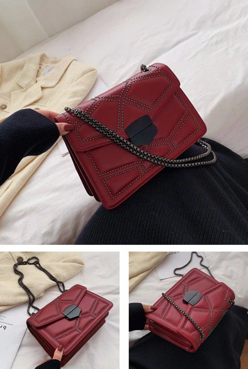 Rivet Chain Small Crossbody Bag for Women | 2022 Luxury Shoulder Messenger Bag (Trendy Lady Handbag with Flap Cover)