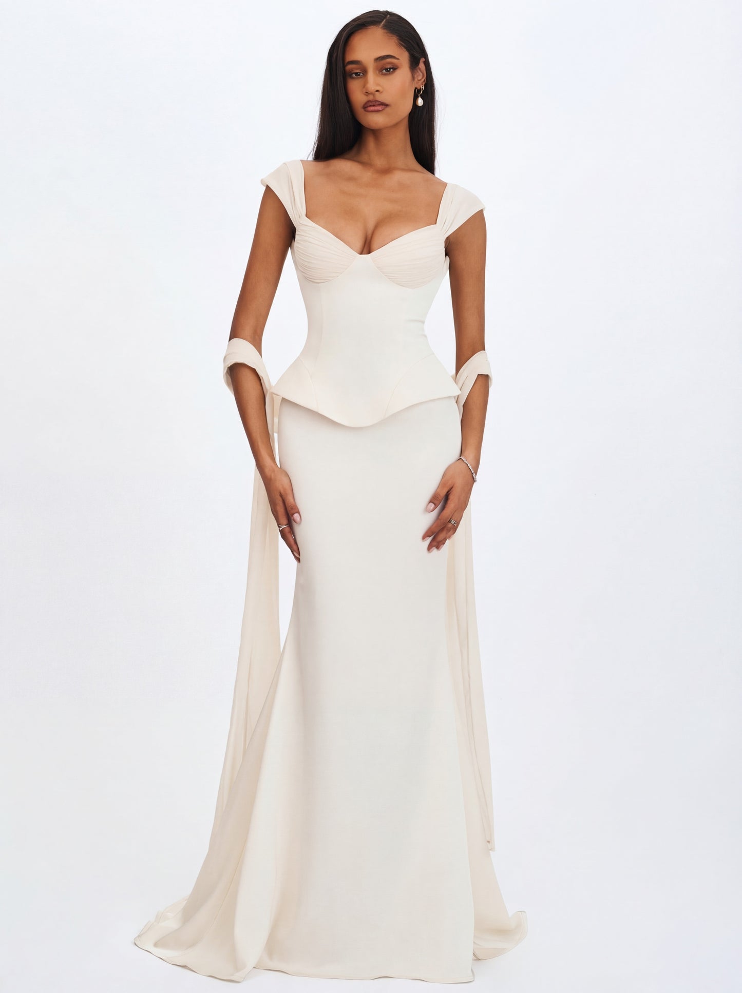 Jessalyn Ivory Sweetheart Peplum Mermaid Wedding Dress with Chiffon Scarf