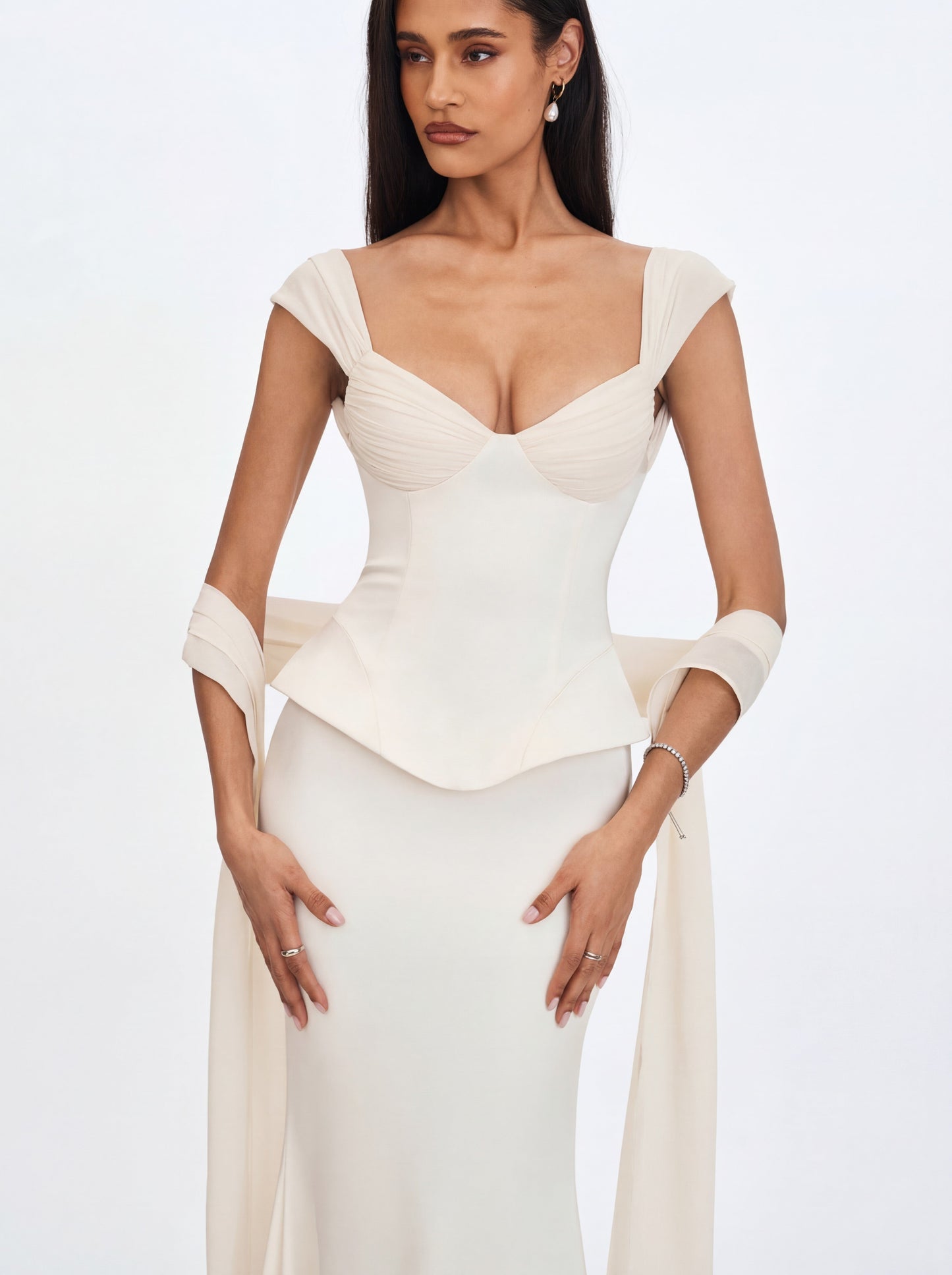Jessalyn Ivory Sweetheart Peplum Mermaid Wedding Dress with Chiffon Scarf
