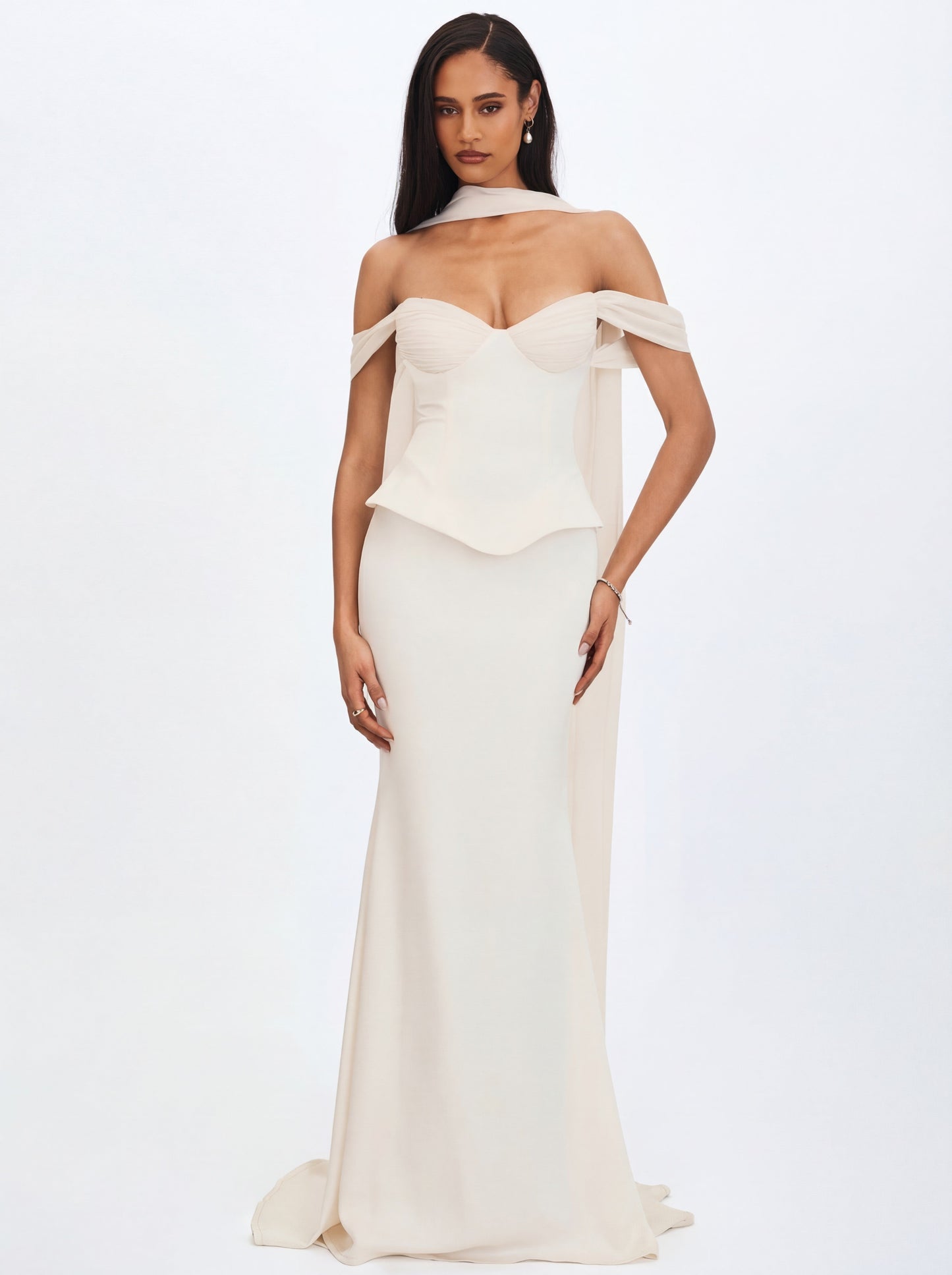 Jessalyn Ivory Sweetheart Peplum Mermaid Wedding Dress with Chiffon Scarf
