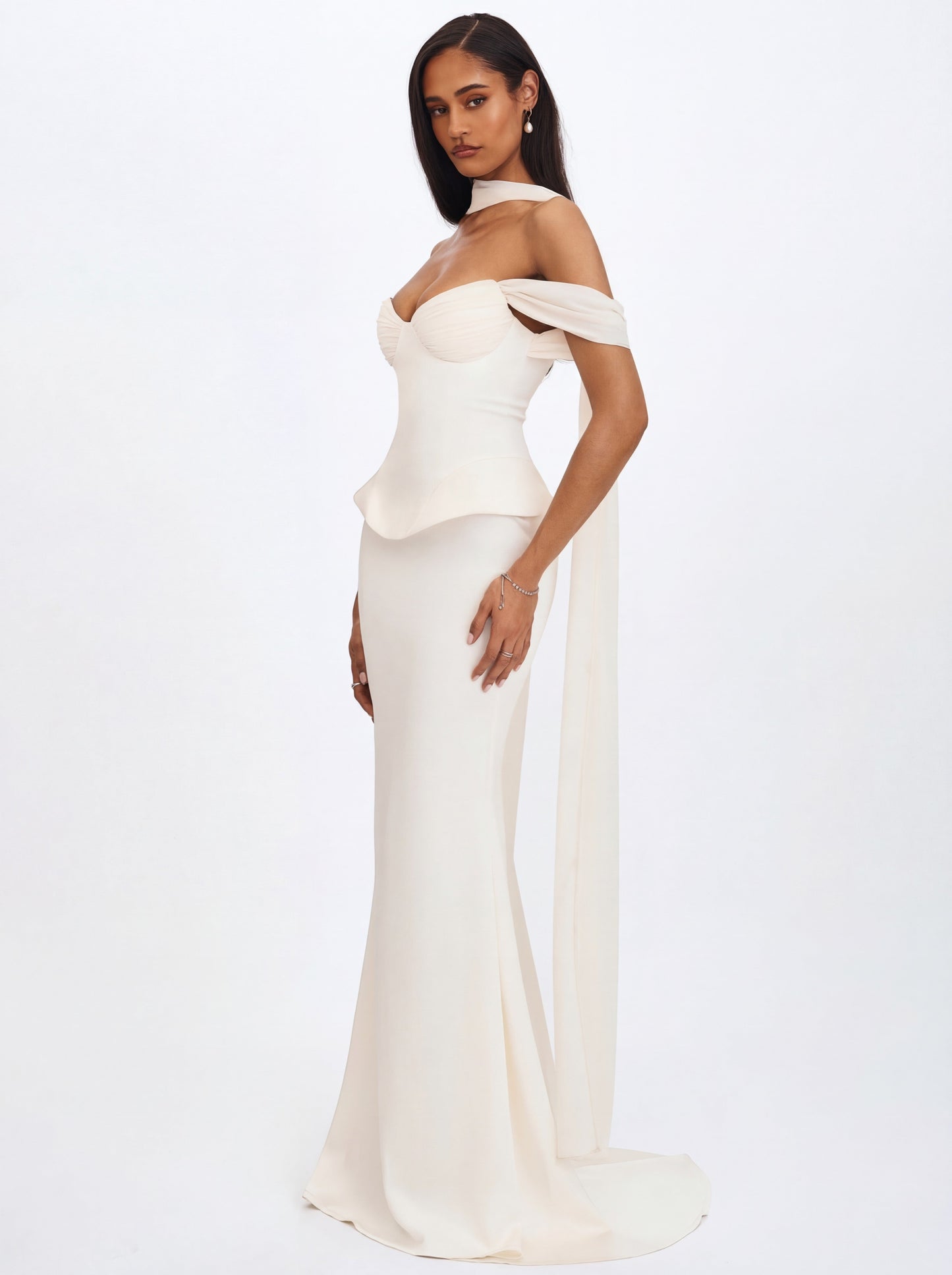 Jessalyn Ivory Sweetheart Peplum Mermaid Wedding Dress with Chiffon Scarf