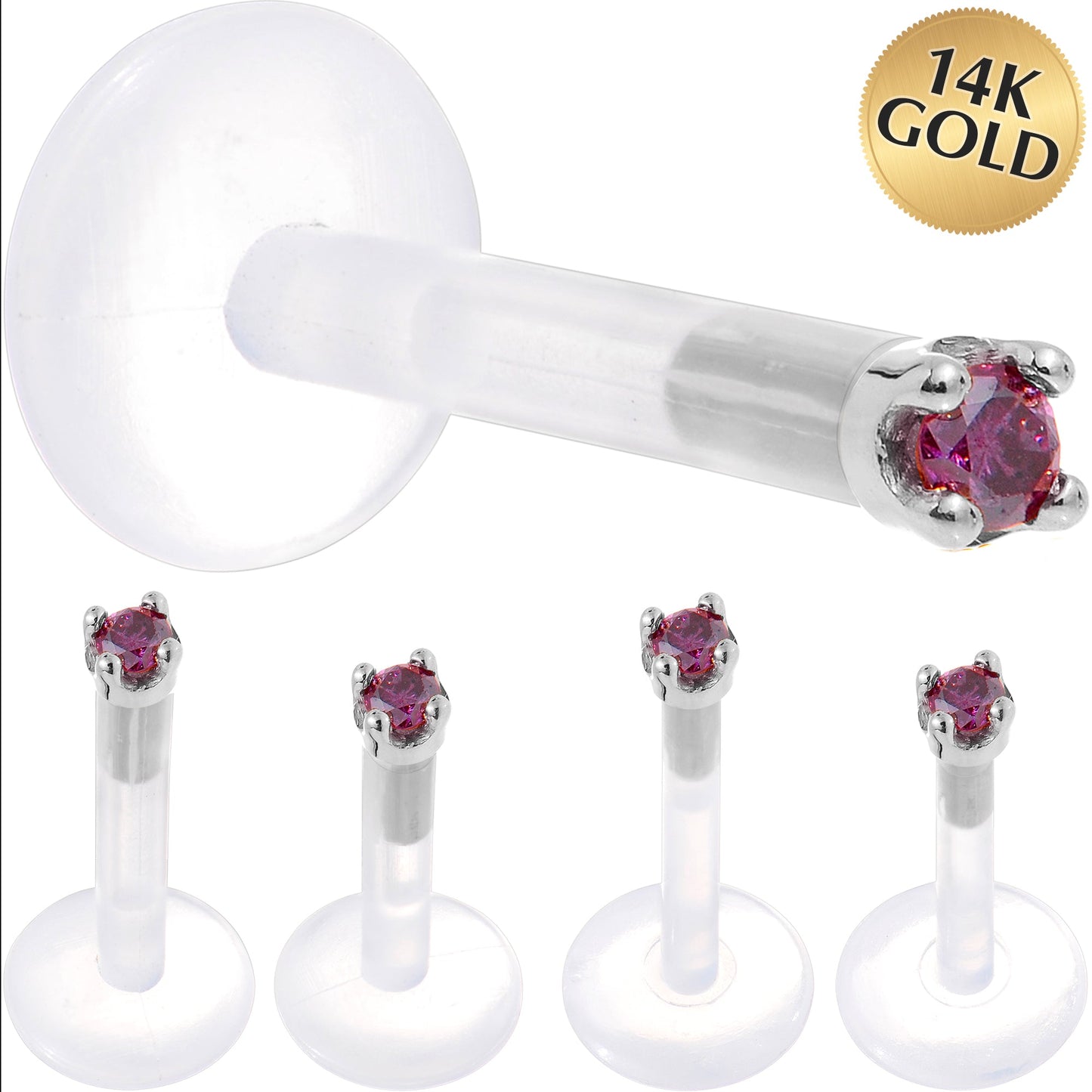 Solid 14K White Gold 1.5mm Genuine Purple Diamond Bioplast Push in Labret