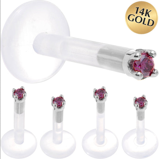 Solid 14K White Gold 1.5mm Genuine Purple Diamond Bioplast Push in Labret