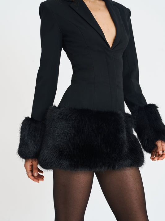 Wenona Black Fur Trimmed V-Neck Mini Blazer Dress