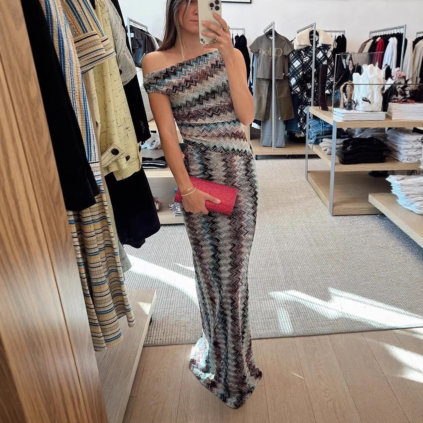 Spring Summer Oblique Shoulder Knitted Printed Dress Casual Vacation Party Dress